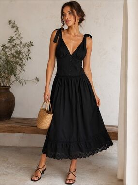 Cotton Jacqui E Black Tie-Shoulder V-Neck Maxi Dress